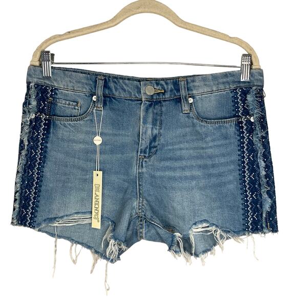 Blank NYC Embroidered Denim Hiker Shorts in Free-Bee Cutoff Raw Hem NWT Size 28 - Picture 5 of 16
